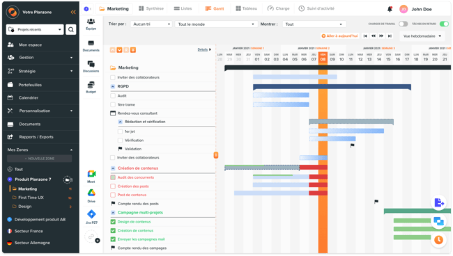 diagramme de Gantt dans le logiciel de gestion de projets Planzone